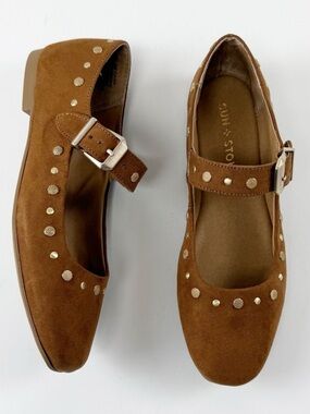 Sun + Stone Caia Maryjane Studded Flats Womens 6M Tan Gold NEW